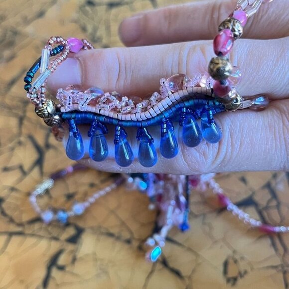 Hand Woven Bead Pouch Necklace Reversible Hummingbird Cat Cottage Boho Trinket - Picture 11 of 16